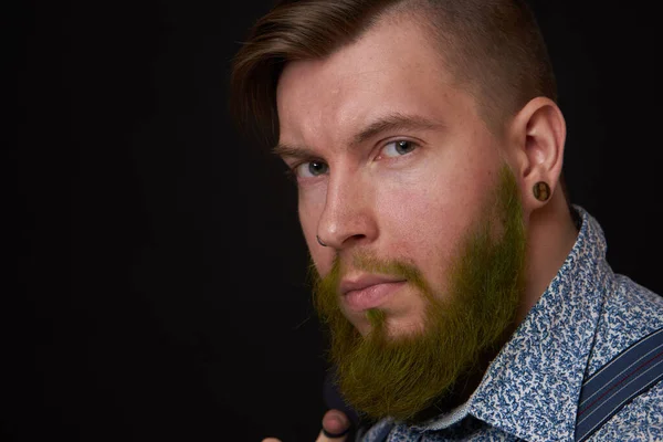Bearded man elegant style shirt dark background — Stock Photo, Image