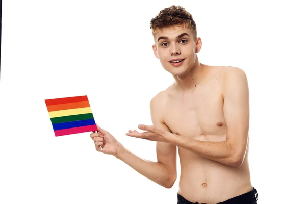 Guy with a topless lgbt community transgender light background — Stock Photo, Image