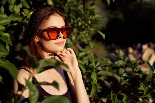 Csinos nő visel napszemüveg zöld levelek csillogás pózol nyáron — Stock Fotó