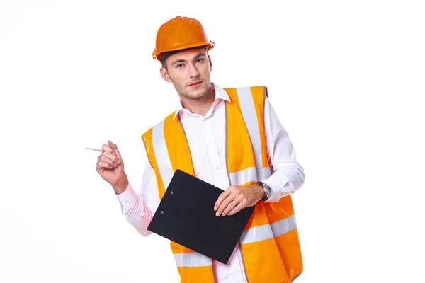 Man in orange hard hat engineer work professionals construction — Stock Photo, Image