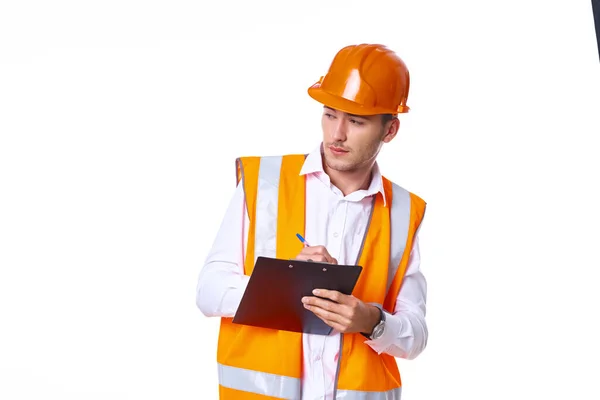 Mann mit orangefarbenem Hut Ingenieur arbeiten Profis Bau — Stockfoto