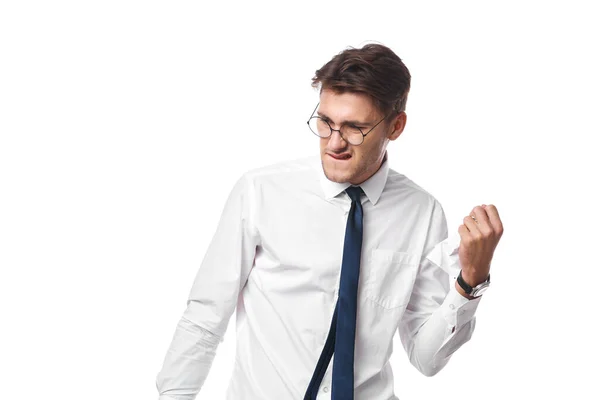 Man in wit shirt met stropdas office emoties studio lifestyle — Stockfoto