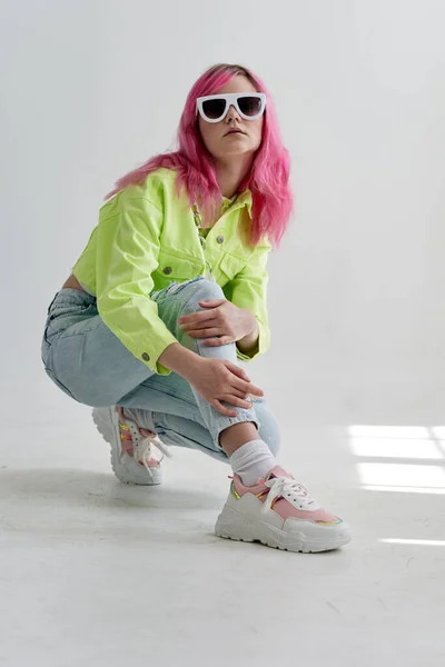 Pretty woman bright makeup posing poster stylish clothing Acid style design — Stock Photo, Image