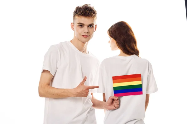 Young couple lgbt Flag transgender lifestyle light background — Stock Photo, Image