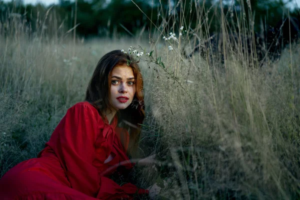 Woman in red dress lies on the grass nature freedom rest — Stock Photo, Image