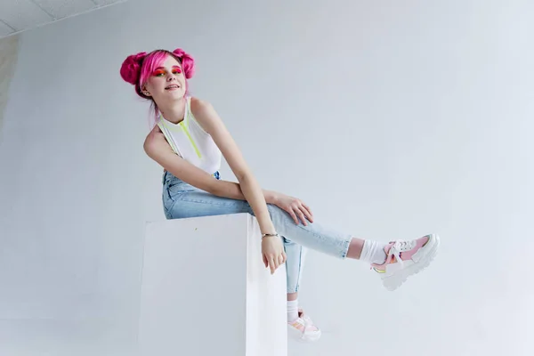 Cheerful woman pink hair posing fashion clothes studio model — Stock Photo, Image