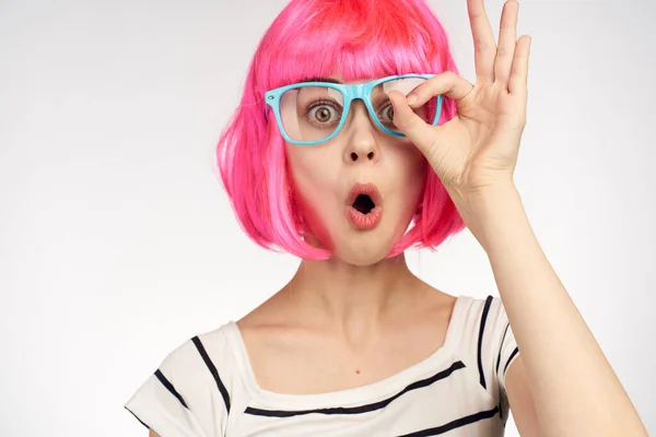 Glamorous woman with pink hair fashion glasses home model Royalty Free Stock Images
