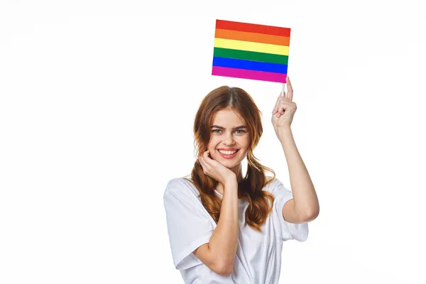 Woman wearing white t-shirt lgbt flag inventor community — ストック写真