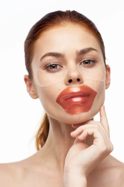 Pretty woman naked shoulders lip mask skin care — Stock Photo, Image