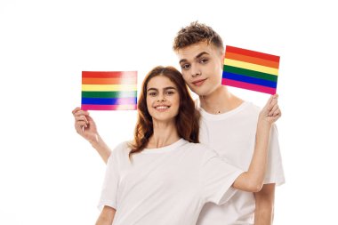 Genç çift lgbt Bayrak transseksüel yaşam tarzı hafif arka plan