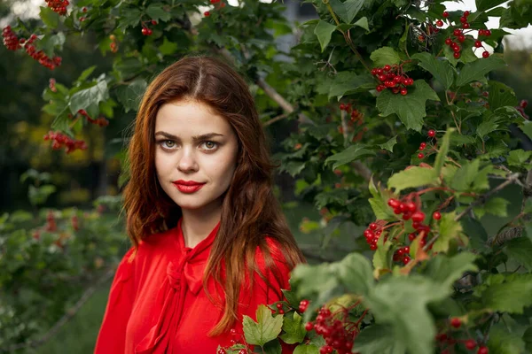 Kırmızı elbiseli güzel bir kadın yeşil yapraklı doğal yaz mevsimi.