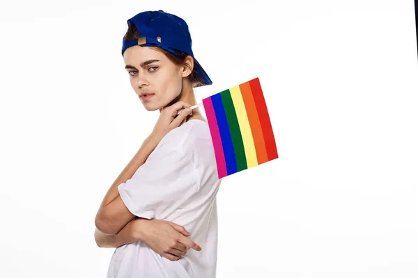 Woman wearing white t-shirt lgbt flag inventor community — ストック写真