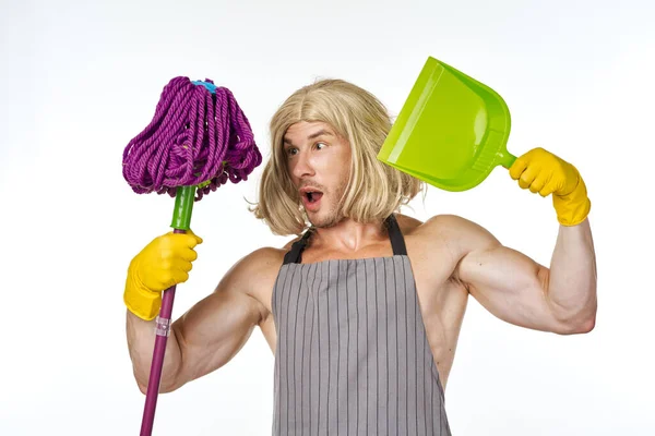 Muscled Man in Womens Wig Mop Cleaning Housework — Stock Photo, Image