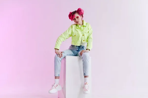 Woman with pink hair youth style posing lifestyle neon — Stock Photo, Image