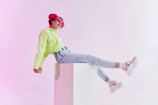 Cheerful woman green jacket fashionable clothes studio model — Stock Photo, Image
