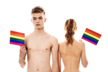 Genç çift lgbt Bayrak transseksüel topluluk ışığı arka planı