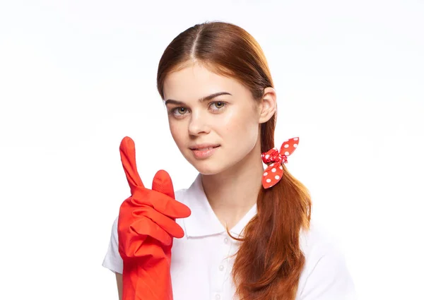 Cleaning lady in red rubber gloves posing fun light background — Stock Photo, Image