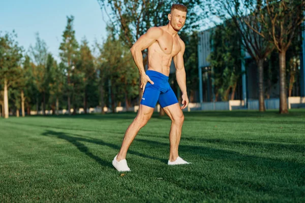 Mann mit muskulösem Körper trainiert im Sommerpark — Stockfoto