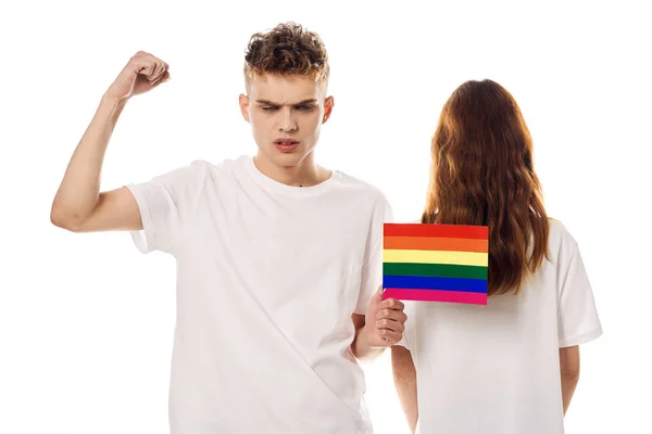 Jong paar lgbt vlag transgender lifestyle licht achtergrond — Stockfoto