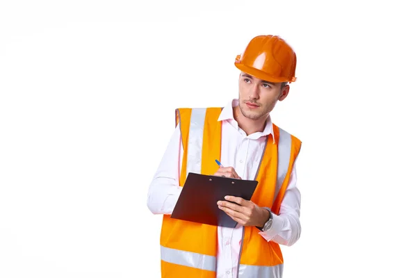 Mann mit orangefarbenem Hut Ingenieur arbeiten Profis Bau — Stockfoto