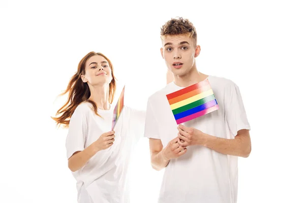 Mladý pár lgbt vlajka transgender životní styl světlo pozadí — Stock fotografie
