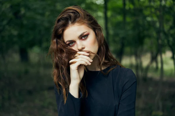 Woman in black dress in the forest Halloween Witch costume — Stock Photo, Image