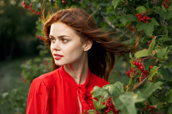 Femme gaie dans une chemise rouge baies de brousse campagne — Photo