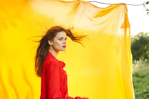 Bella donna in abito rosso tessuto giallo su sfondo natura — Foto Stock