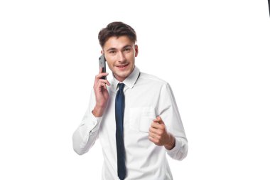 Müdürüm telefonda konuşan bir fincan kahve resmi olarak izole edilmiş arka plan.