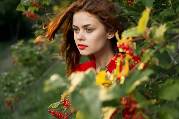 Vacker kvinna buske med bär natur frisk luft — Stockfoto