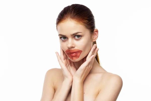 Pretty woman naked shoulders lip mask skin care — Stock Photo, Image