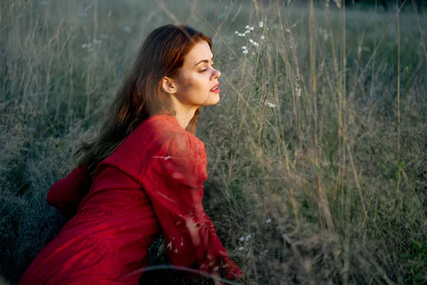Γυναίκα στο χωράφι ξαπλώνει στο γρασίδι με ένα κόκκινο φόρεμα που ποζάρει — Φωτογραφία Αρχείου