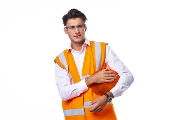 Man in working orange uniform construction work — Stock Photo, Image