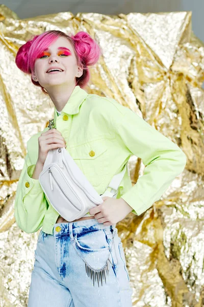 stock image funny girl teen pink hair fashion design