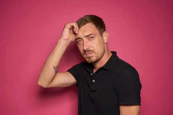 Man with glasses emotions studio pink background — Stock Photo, Image