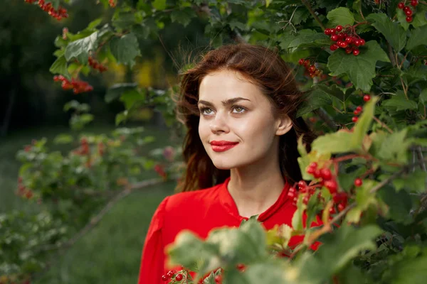 Glad kvinna i en röd skjorta buske bär landsbygden — Stockfoto
