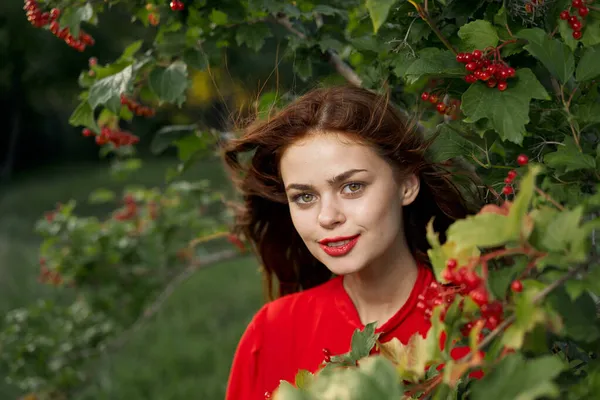 Vrolijke vrouw ter een rood shirt bush bessen platteland — Stockfoto