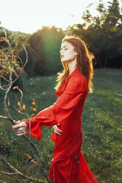 Donna in abito rosso in campo vicino albero posa estate — Foto Stock