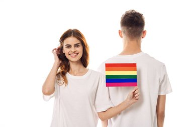 Genç çift lgbt Bayrak transseksüel yaşam tarzı hafif arka plan