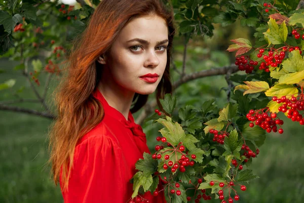 Kvinna i röd skjorta växter bär natur sommar — Stockfoto