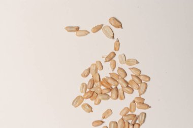 Ayçiçeğinin arka planında kabuğu soyulmuş tohumlar var.