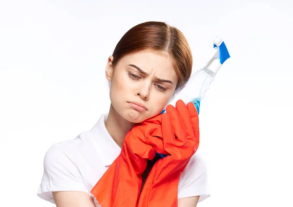 Cleaning lady wearing rubber gloves detergents housework — Stock Photo, Image