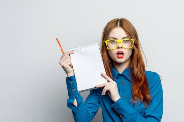 Sarı gözlüklü kadın sekreter not defteri görevlisi.