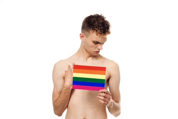 Male topless lgbt flag transsexuals light background — Stock Photo, Image