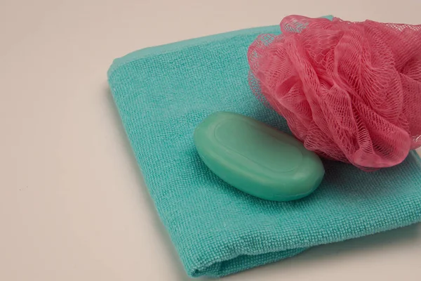 石鹸タオルスキンケアバスルームアクセサリー衛生 — ストック写真