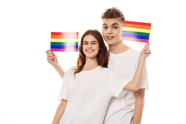 Joven pareja lgbt bandera transgénero estilo de vida luz fondo —  Fotos de Stock