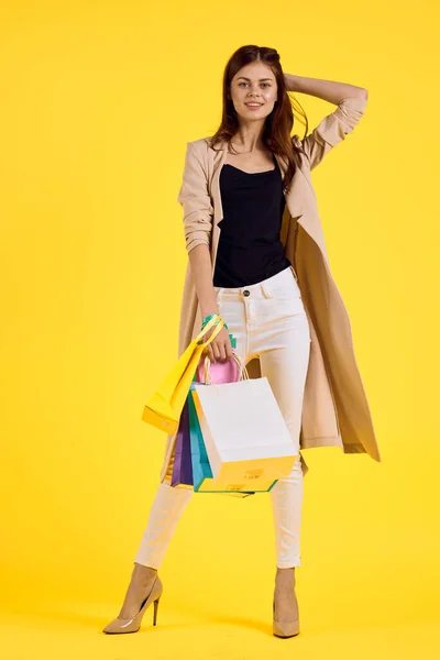 Glamorös kvinna med flerfärgade väskor poserar studio modell — Stockfoto