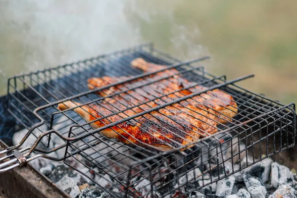 Pollo a la parrilla cocina al aire libre carbón naturaleza parrilla — Foto de Stock