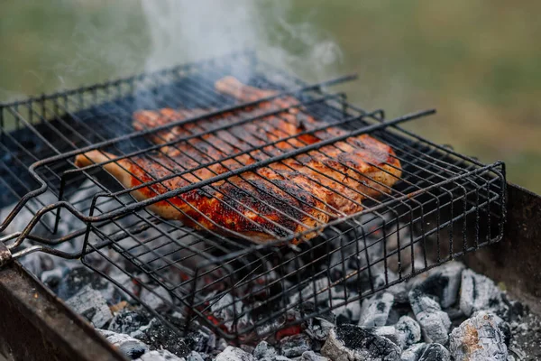 Poulet grillé cuisine en plein air charbon de bois grill nature — Photo