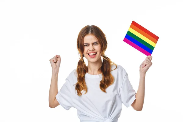 Woman wearing white t-shirt lgbt flag inventor community — Stock Photo, Image